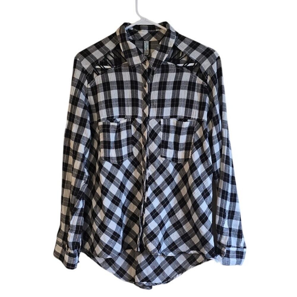 Free People plaid lace up shoulder button up shirt size medium